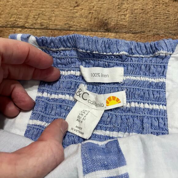 C&C California | Women's Beachy Blue White Stripe 100% Linen Capri Romper Sz 2 - Picture 6 of 6